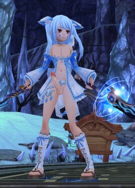 1boy alchemia_story animal_ears balls blue_hair chain collar erection facial_mark femboy long_hair male male_focus navel nipples otoko_no_ko penis red_eyes sandals solo staff testicles trap twintails uncensored weapon