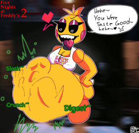 animatronic animatronic_female big_belly chicken chicken_girl female five_nights_at_freddy's five_nights_at_freddy's_2 furrymemegamer420 prey_outline robot robot_girl same_size_vore scottgames toy_chica_(fnaf) vore vore_belly