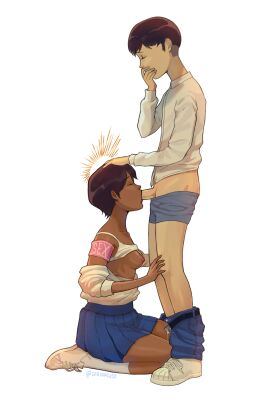 ashamed black_female blowing blowjob brown_skin covering_mouth female kneeling male sarunacuso school school_uniform schoolgirl schoolgirl_uniform shy shy_expression shy_male sitting_down white_male