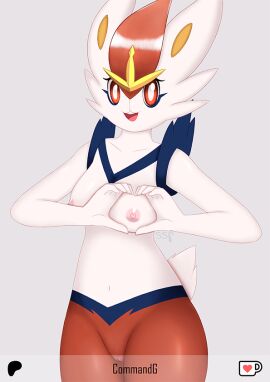 anthro anthrofied breasts cinderace commandg female generation_8_pokemon genitals looking_at_viewer nintendo nipples nude pokemon pokemon_(species) pokemorph pussy simple_background solo