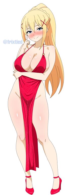 ass big_ass big_breasts big_butt big_thighs big_titties blonde_hair blush breasts clothing curvaceous curvaceous_female curvaceous_figure curvy curvy_figure curvy_hips darkness_(konosuba) dress female female_focus female_only frixtied heels high_heels kono_subarashii_sekai_ni_shukufuku_wo! konosuba long_hair looking_at_viewer pelvic_curtain red_dress red_heels red_high_heels yellow_hair