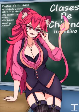 1girls big_breasts bra breasts cat_ears chilean chimera clothed_female cosplay female fishnet_stockings glasses hips hot_pink_hair latam_virtual_youtuber lion_tail looking_at_viewer lunaria_ayaren necklace smile spanish_text teacher teacher_outfit thick_thighs thighs tony_x_play tonyxplay virtual_youtuber vtuber vtuberfanart youtube_hispanic