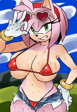 amy_rose anthro ass big_ass big_breasts big_butt bikini bikini_bottom bikini_top bodily_fluids bottomwear breasts clothing eulipotyphlan eyewear female gloves handwear hedgehog hi_res huge_ass huge_breasts huge_butt jeans_shorts mammal ring sega shorts simple_background smile solo sonic_(series) sonic_the_hedgehog_(series) sunglasses sweat swimwear thick_thighs thisguyxyq two-piece_swimsuit white_clothing white_gloves white_handwear