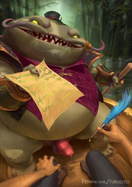 boat catfish clothing contract deal deception demon erection exhibitionism fat fish furgdto gay genital_fluids genitals league_of_legends leaking_precum male male_only monster monster_cock non-human overweight penis riot_games swamp tahm_kench temptation