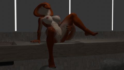 3d anthro breasts cobra digital_media_(artwork) dressing_room female genitals hi_res karmanic_mizery non-mammal_breasts pussy red_body red_eyes red_scales reptile scales scalie snake snake_hood solo solo_focus spread_legs spreading