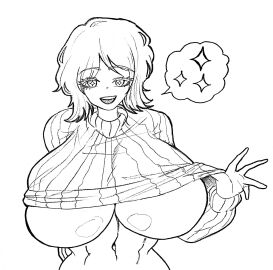 1girls aplpakapa body_swap breasts breasts_bigger_than_head busty don_quixote_(limbus_company) eyebrows_visible_through_hair faust_(limbus_company) female female_only huge_breasts limbus_company looking_at_viewer monochrome navel no_bra open_mouth project_moon short_hair smile solo starry_eyes sweater symbol-shaped_pupils underboob upper_teeth