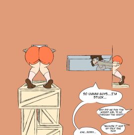 1girls ass_up big_breasts breasts bubble_butt cleavage crop_top fast_food_employee female hooters_(parody) hooters_uniform joanne_(mrtomato8224) mrtomato8224 shorts stuck stuck_in_vent tomboy vent waitress