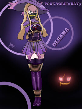 1girls amy4105 arms_tied_behind_back blonde_hair bondage breasts cosplay crotch_rope dress female gag gagged green_eyes hat legs_tied long_hair mask medium_breasts mismagius mismagius_(cosplay) nintendo oleana_(pokemon) over_the_nose_gag pokemon pokemon_ss purple_dress rope rope_bondage thighhighs zipper zipper_pull_tab