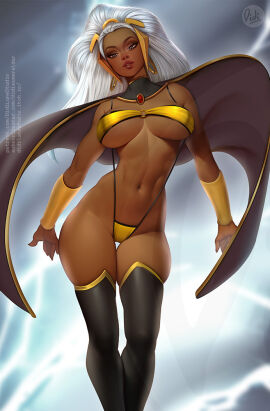 bikini breasts cape dark-skinned_female dark_skin didi_esmeralda female headwear large_breasts long_hair marvel marvel_comics ororo_munroe silver_hair storm_(x-men) thighhighs voluptuous x-men