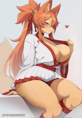 anthro big_breasts blush breasts canid canine ceroba_(undertale_yellow) ceroba_ketsukane chest_tuft choker cute_fangs fangs female fox foxhound220 fur heart_symbol hi_res jewelry kemono mammal mommy mommy_kink necklace pupils red_eyes slit_pupils smile solo tail tan_body tan_fur teeth undertale_(series) undertale_yellow wolfling