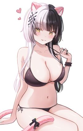:3 absurdres animal_ears bikini black_bikini black_bow black_hair black_nails black_scrunchie blush bow breasts cat_ears cat_tail closed_mouth cute_fang female fingernails hair_ornament heart highres hololive hololive_english hololive_english_-advent- large_breasts litch1801 long_hair looking_at_viewer multicolored_hair nail_polish navel oerba_yun_fang pink_tail pulling_own_clothes scrunchie shiori_novella side-tie_bikini side-tie_bikini_bottom simple_background smile solo split-color_hair stomach strap_pull swimsuit tail tail_bow tail_ornament thighs two-tone_hair virtual_youtuber white_background white_hair wrist_scrunchie yellow_eyes