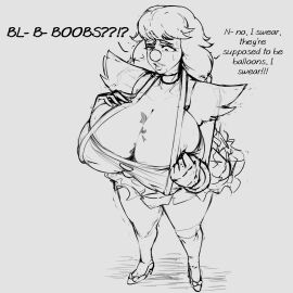 1girls alternate_breast_size balloon big_hips breast_expansion breast_growth breast_growth_(enlargement) breasts cleavage clown clown_girl clown_nose english_text female geiru_toneido gyakuten_saiban lapotato8 large_breasts shocked sketch skirt text voluptuous