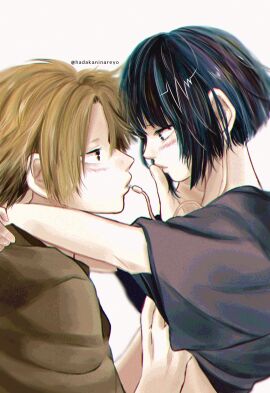 1boy 1girls arms_around_neck arms_around_partner artist_name black_eyes black_hair black_shirt blonde-haired_male blonde_hair blush boku_no_hero_academia breast_grab breasts color denki_kaminari depth_of_field fanon_couple female fully_clothed green_shirt hadakaninareyo half-closed_eyes hand_on_another's_chest hand_on_another's_face hand_under_clothes imminent_sex jirou_kyouka kaminari_denki kyoka_jiro lighting looking_at_another male my_hero_academia purple-haired_female purple_hair romantic romantic_couple shirt_lift side_view slight_blush straight t-shirt undressing undressing_another watermark white_background wholesome yellow_eyes