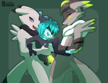 absurd_res acydamon anal anthro arm_spikes arm_tuft ass azuramon bandai_namco black_ear_tips black_sclera black_tail_tip blue_ear_tips blue_highlights blush bodily_fluids canid canine cheek_markings chest_tuft claws clitoris clothing digimon digimon_(species) dipstick_ears dipstick_tail double_penetration ear_markings ears_down ears_up erect_nipples erection eye_contact facial_markings fangs female fingerless_gloves fluffy fluffy_tail genital_fluids genitals glazed_penis gloves glowing glowing_eyes glowing_genitalia glowing_hair glowing_penis green_ear_tips green_highlights group hair handwear head_markings hi_res highlights_(coloring) holding_another imp impmon looking_at_another male male/female markings mmf_threesome multicolored_ears multiple_boys nipples open_mouth open_smile penetration penis pivoted_ears pussy renabu renabu_(character) renamon sandwiched scarf shoulder_spikes shoulder_tuft size_difference smile spikes spikes_(anatomy) steamy_breath tail tail_markings teeth tongue trio tuft vaginal_fluids vaginal_penetration