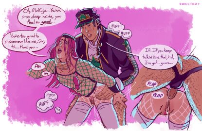 2boys age_difference anal anal_sex anus cum_in_pussy cuntboy dialogue erection from_behind gay hairy_legs intersex jojo's_bizarre_adventure jotaro_kujo male narciso_anasui penetration penis pink_hair pussy qtaro_kujo sex standing_sex stone_ocean sweetbot text trans_man yaoi