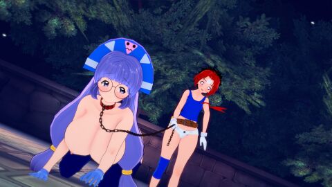 1boy 1girls breasts female glasses gluko koikatsu koikatsu_(medium) large_breasts male mon_colle_knights ooya_mondo rokumon_tengai_mon_colle_knight