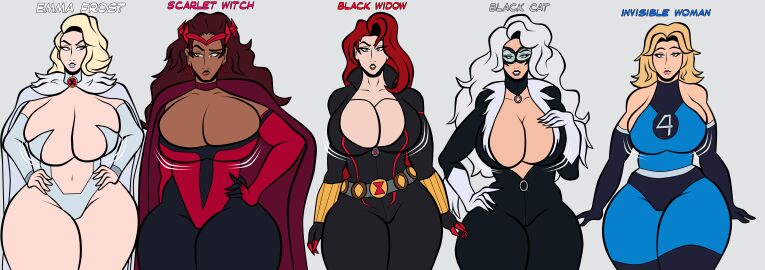 5girls avengers big_breasts black_cat_(marvel) black_widow_(marvel) blonde_female blonde_hair blue_eyes blueartfiend breast_chart breast_comparison breast_size_comparison breasts breasts_bigger_than_head brown_hair catsuit chart dark-skinned_female dark_skin emma_frost eyelashes fantastic_four felicia_hardy female green_eyes huge_breasts invisible_woman large_breasts leather light-skinned_female light_skin marvel marvel_comics natasha_romanoff pale-skinned_female pale_skin red_hair scarlet_witch sleeveless spider-man_(series) sue_storm thick_legs thick_thighs thighs wanda_maximoff white_hair white_queen x-men