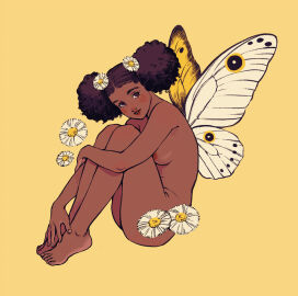 1girls afro_puffs butterfly_wings daisies daisy fae faerie fairy fairy_wings female female_only fey flower flower_in_hair flowers insect_wings karlovycross looking_at_viewer monochrome_background naked nude nude_female pixie sitting wings yellow_background