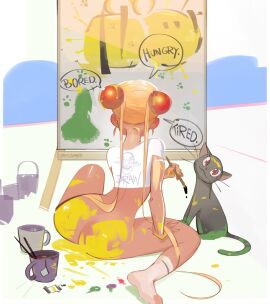 1girls ass bishoujo_senshi_sailor_moon butt_print clothing feline female long_hair messy paint paint_on_body painted_butt painting philtomato shirt shirt_only sweatdrop t-shirt twintails usagi_tsukino white_background yellow_hair