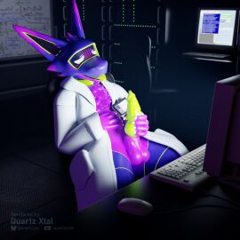 3d_(artwork) absurd_res android anthro aroused balls blender_(artwork) blender_cycles blue_body blush blush_lines bodily_fluids chair claws clothing coat collar computer computer_keyboard computer_mouse dark_room depth_of_field desk detailed_background digital_media_(artwork) dimly_lit dripping electronics facial_markings furniture genital_fluids genitals glistening glistening_body green_accents green_collar green_mouth green_nostrils green_penis green_tongue hand_on_belly hand_on_penis head_markings hi_res id_card id_tag knot knotted_penis kobold lab_coat laboratory lautus-k looking_at_computer looking_at_monitor looking_at_object looking_pleasured machine male markings masturbation metal_collar motion_blur multicolored_body office_chair penis precum precum_drip purple_accents purple_balls purple_body qr_code quartz_xtal quartz_xtal_(artist) robot robot_anthro scaled_penis scalie screen screen_face server server_room solo speaker_ears spikes synthetic synthetic_penis table tongue tongue_out topwear white_claws white_eyes whiteboard