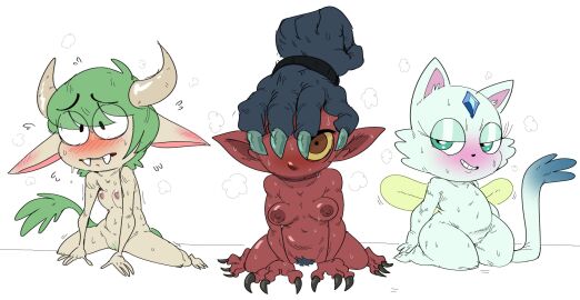 2021 2023 3_fingers animal_humanoid anthro areola ass baby_(star_vs._the_forces_of_evil) big_areola big_ass big_butt black_and_white blue_body blue_fur blush bodily_fluids bovid bovid_humanoid bovine bovine_humanoid breasts claws curvy_figure demon demon_humanoid disney domestic_cat felid feline felis female finger_claws fingers fur genitals green_hair group hair hair_over_eye hi_res horn humanoid humanoid_pointy_ears imp kikimora_(the_owl_house) looking_at_viewer looking_back looking_back_at_viewer mammal mammal_humanoid mhasses mhdrawin multicolored_body multicolored_fur navel nipples nude one_eye_obstructed open_mouth pubes pussy ransomgram_monster sharp_teeth shortstack solo star_vs_the_forces_of_evil sweat teeth the_owl_house thick_thighs tongue white_body white_fur wide_hips wings