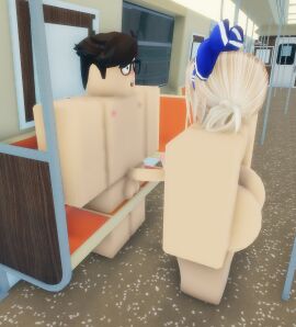 1boy 1girls 3d 3d_(artwork) areolae ass barefoot big_ass big_breasts breasts charlotte_(that_rel) completely_nude female full_body harris_(that_rel) male naked naked_female nipples nude nude_female penis public public_nudity roblox robloxian standing that_rel train