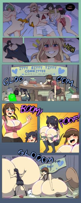 6girls ahoge ass ass_expansion ayame_(senran_kagura) big_breasts black_hair black_panties blonde_female blonde_hair blush breast_expansion breast_growth breast_growth_(enlargement) breasts brown_hair cat_ears colored comic cuddling eyepatch female female_only gauntlet gigantic_breasts green_hair hairband herretik hikage_(senran_kagura) hime_cut huge_breasts ikaruga_(senran_kagura) in_bed katsuragi_(senran_kagura) lmao mirai_(senran_kagura) nude nude_female orange_panties panties ryoubi_(senran_kagura) senran_kagura short_hair shrunk shrunken_female sleeping tagme yuri