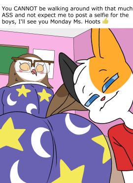1boy 1girls 2024 age_difference angry anthro ass avian beak big_ass big_butt big_ears big_eyes big_glasses big_iris bird black_ears black_eyebrows black_text blue_clothing blue_dress blue_eyes blue_sclera blush blush_lines brown_body brown_eyewear brown_feathers brown_glasses brown_tail calico_cat ceiling chalkboard classroom closed_frown clothed clothed_anthro clothed_female clothed_male clothing color_edit colored countershade_face countershade_feathers countershading crescent_moon curved_eyebrows dark_body dark_ears dark_feathers dark_tail dbaru digital_drawing_(artwork) digital_media_(artwork) dipstick_tail domestic_cat dress duo emoji english_honorific english_text eyebrows eyelashes eyewear fat_ass fat_butt feather_tuft feathers felid feline felis female flaminhotcheatoes floor forked_tail frown fur fur_tuft gesture glasses grey_ceiling hand_gesture head_tuft head_turned hi_res honorific huge_ass huge_butt inside internal_wall iris leaning leaning_forward leaning_sideways light_beak light_body light_clothing light_dress light_ears light_fur light_nose light_shirt light_t-shirt light_topwear litterbox_comics looking_at_another looking_at_viewer looking_back looking_back_at_another male mammal markings mature mature_anthro mature_female milf moon moon_print mouth_closed ms._hoots_(litterbox_comics) multicolored_body multicolored_clothing multicolored_dress multicolored_feathers multicolored_fur name_drop narrowed_eyes no_artist_signature no_pupils older_female orange_body orange_ears orange_fur owl parody pink_beak pink_eyes pink_nose pink_wall prick_ears print_clothing print_dress rectangular_glasses red_clothing red_shirt red_t-shirt red_topwear school selfie shirt smile smiling_at_viewer smirk smirking_at_viewer star_polygon star_print straight student t-shirt tail tail_markings tan_floor tan_sclera teacher teacher_and_student text thin_eyebrows third-party_edit thumbs_up topwear tuft two-tone_body two-tone_feathers unusual_anatomy unusual_tail vincent_(litterbox_comics) wall_(structure) wearing_glasses webcomic white_body white_countershading white_feathers white_fur you_cannot_be_walking_around_with_that_much_ass_(meme) young young_anthro young_male younger_male