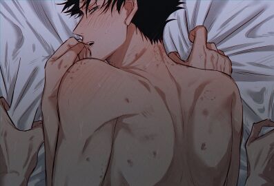 2boys back bed bed_sheet bite_mark bite_mark_on_back bite_mark_on_neck bite_mark_on_shoulder black_hair blush completely_nude from_behind full-face_blush fushiguro_megumi fushirun_rung gay gay_sex green_eyes hickey implied_sex jujutsu_kaisen looking_at_viewer looking_back male male_focus multiple_boys multiple_males nude open_mouth sex sex_from_behind sheet_grab short_hair shoulder_blades solo_focus spiked_hair yaoi