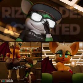 3_panel_comic 3d 3d_model anthro ass bar bar_counter bar_stool baseball_cap bat big_ass big_breasts big_butt big_ears blender_(artwork) blender_cycles blue_eyes breasts clothing counter dialogue digital_media_(artwork) duo female flirting funny fur furniture green_body green_fur hat headgear headwear hi_res huge_ass huge_butt humor hyper hyper_ass hyper_butt male male/female mammal mobian mobian_(species) mobian_bat nottanj onyxsplash pick-up_line rouge_the_bat rouge_the_bat_(nottanj) sega sonic_(series) sonic_adventure_2 sonic_the_hedgehog_(series) stool vincent_(onyxsplash) white_body white_fur