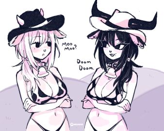 2girls arms_crossed big_breasts black_hair breasts cow_bell cow_bell_collar cow_horns cow_print cow_print_bikini cowbell cowboy_hat cowgirl cowgirl_outfit crossed_arms dark_hair dialogue female female/female female_focus female_only goth goth_girl hair_ornament hat large_breasts light-skinned_female light_hair light_skin limited_palette long_hair looking_at_another looking_at_each_other megrocks minimalist_background nearly_nude nose_piercing nose_ring original pale-skinned_female pale_skin scantily_clad smile smiling_at_another tagme talking talking_to_another thong white_hair