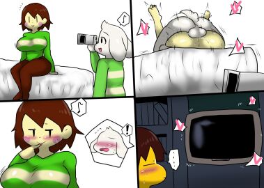 adoptive_daughter adoptive_incest ambiguous_gender asriel_dreemurr ass balls bed bedroom big_ass big_breasts blush breasts brother_and_sister chara enigi09 excited female female_chara frisk frisk_(undertale) goat heart heart_symbol horny incest inviting inviting_to_sex mating_press pornography sound_effects step-incest stepbrother stepbrother_and_stepsister stepsister stripes tail tv undertale watching