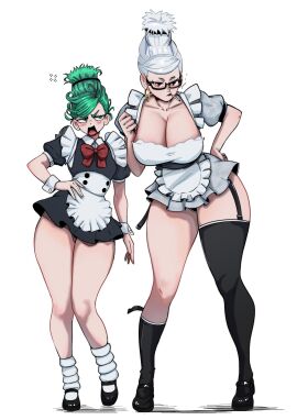 2025 2d 2d_(artwork) 2girls alternate_costume alternate_hairstyle anger_vein apron ayase_seiko beehive_hairdo black_dress black_footwear black_thighhighs bow breasts cigarette cleavage clothed clothed_female crossover curvy dandadan dress earrings enmaided female female_only flat_chest garter_straps green_eyes green_hair grey_dress hehevich highres hoop_earrings human human_only jewelry kneehighs large_breasts leg_warmers maid maid_apron mature_female multiple_females multiple_girls one-punch_man questionable red_bow sfw simple_background single_kneehigh single_sock single_thighhigh small_breasts smoking socks tall_hair tatsumaki thick_thighs thighhighs thighs waist_apron white_background white_leg_warmers wide_hips