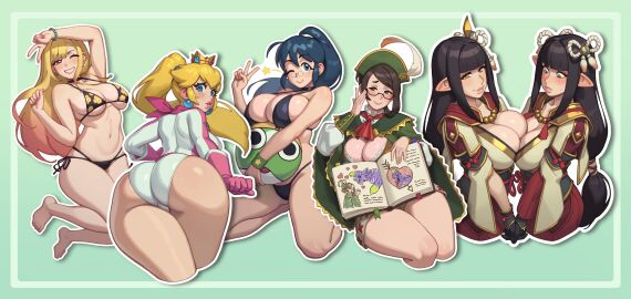 6+girls 6girls absurdres adapted_costume aki_hinata ass ass_focus asymmetrical_docking barefoot bikini black_bikini black_hair blonde_hair blue_eyes blue_hair blush book breast_awe breast_press breast_rest breasts brown_eyes brown_hair cape choker cleavage commentary cropped_legs crossover crown ear_piercing earrings english_commentary feet female female_only glasses gloves green_background green_cape grin guild_girl guildmarm_(monster_hunter) gyaru hat highres hinoa holding holding_book huge_ass jewelry keroro_gunsou kitagawa_marin kneeling large_breasts legs leotard lipstick long_hair looking_at_breasts looking_at_viewer makeup mario_(series) mario_kart mature_female minoto monster_hunter monster_hunter_4 monster_hunter_rise multiple_females multiple_girls nail_polish navel open_book open_mouth piercing pointy_ears ponytail princess_peach puffy_sleeves race_queen red_eyes rizdraws semi-rimless_eyewear siblings sidelocks simple_background smile sono_bisque_doll_wa_koi_wo_suru swimsuit thick_thighs thighs toenail_polish toenails toes twins under-rim_eyewear v wyverian
