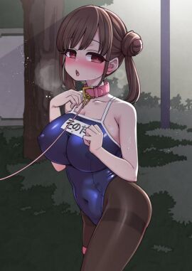 big_breasts breasts brown_hair collar female hanauna idolmaster idolmaster_shiny_colors leash open_mouth pet_girl petplay pink_collar school_swimsuit slave sonoda_chiyoko swimsuit twin_buns walking