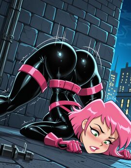 ai_generated artist_name ass belt black_bodysuit blush bodysuit breasts brick_wall building city clenched_teeth clothing erin_esurance esurance female gloves green_eyes jack-o'_challenge jousneystudio latex latex_bodysuit lips lipstick makeup medium_breasts motion_lines night night_sky outdoors patreon_username pink_gloves pink_hair pink_lips red_lips shiny_clothes short_hair skin_tight sky solo spread_legs teeth thigh_strap top-down_bottom-up trembling web_address