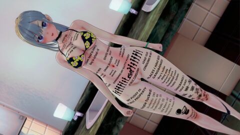 1girls 3d 3d_(artwork) :o bathroom belly belly_button bikini body_writing bra bracelet choker earrings female female_focus female_only goldieecchi grey_hair gyaru kitagawa_marin koikatsu looking_at_viewer naked nipple_slip no_panties panties_around_one_leg panties_aside panties_removed pov purple_eyes schoolgirl sono_bisque_doll_wa_koi_wo_suru staring_at_viewer tally_marks tattoo tattoo_on_arm tattoo_on_chest tattoo_on_legs tattooed_arm tattoos toilet