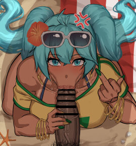 1boy 1girls :>= angry bar_censor big_penis blowjob blue_hair brazilian brazilian_female brazilian_miku censored censored_penis clothed cyberboi dark-skinned_male erection fellatio female flipping_viewer_off green_nails hatsune_miku irritated kneeling looking_at_viewer male middle_finger on_knees painted_nails penis pov pov_eye_contact pubic_hair sharp_fingernails sucking_penis tan_body tanline veiny_penis vocaloid