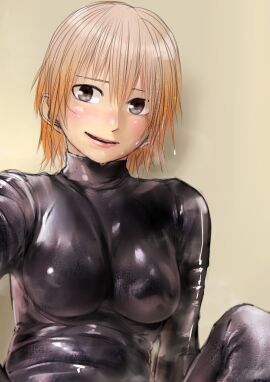 2010s 2017 blonde_hair blush bodysuit breasts female jpeg kilye_4421 latex latex_bodysuit latex_clothing latex_suit looking_at_viewer medium_breasts original original_character sweat wet wet_clothes