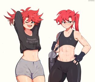 2boys abs brother brothers brown_eyes crop_top femboy ichiro_yamazaki itsuki_yamazaki leggings long_sleeves male male_only ms_pigtails multiple_boys multiple_males navel original ponytail red_hair short_hair shorts sky_guy skyguyart thighs toned toned_male twins winking workout_clothes