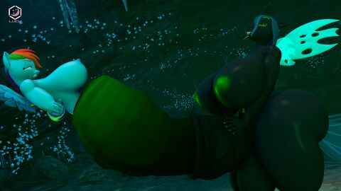 absurd_res anthro arthropod ass balls big_breasts breasts changeling cock_vore digital_media_(artwork) duo equid equine erection female friendship_is_magic futanari genitals hasbro hi_res horse intersex intersex/female lucy_moon mammal my_little_pony mythological_creature mythological_equine mythology nipples nude pegasus penile penis pony queen_chrysalis_(mlp) rainbow_dash_(mlp) smile vore wings