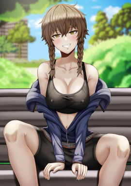 1girls amane_suzuha athletic athletic_female bare_shoulders bench bike_shorts black_bike_shorts black_sports_bra blue_jacket braided_hair breasts brown_eyes brown_hair cleavage erect_nipples erect_nipples_under_clothes female fully_clothed grin jacket_off_shoulders knees medium_breasts nipples nipples_visible_through_clothing outdoors saikunartworks sitting sitting_on_bench smile solo sports_bra steins;gate tomboy track_jacket twin_braids workout_clothes