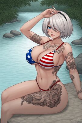 ai_generated american_flag_bikini big_breasts nier:_automata smoking tattoos yorha_2b
