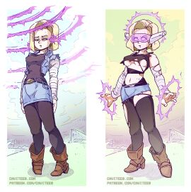 1girls android_18 before_and_after black_legwear blonde_hair blue_skirt breasts cavitees clothing denim_skirt dragon_ball dragon_ball_z empty_eyes female female_only femsub hypnosis jean_skirt legs_together mind_control open_mouth oral penetration pink-tinted_eyewear short_hair skirt solo tech_control tinted_eyewear tomboy torn_clothes transformation underboob visor wide_hips