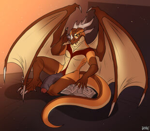 2022 3_toes 4_horns 5_fingers anthro artist_name bed bent_legs big_penis black_bedding brown_body brown_eyes brown_penis brown_scales brown_tail brown_wall claws collarbone colored digital_drawing_(artwork) digital_media_(artwork) diseenith eyewear facial_horn feet finger_claws fingers flaccid furniture furrowed_brow genitals glasses grey_horn half-closed_eyes hand_on_glasses headboard horn humanoid_genitalia humanoid_penis jerichoe kobold light lighting long_tail looking_at_viewer male membrane_(anatomy) membranous_wings multi_horn multicolored_body multicolored_penis multicolored_scales multicolored_tail narrowed_eyes nose_horn on_bed open_book pecs penis pupils red_penis round_glasses scales scalie shaded sitting smile smiling_at_viewer solo tail tan_body tan_claws tan_scales tan_tail tan_wings toe_claws toes two-tone_penis vein veiny_penis wall_(structure) wing_claws winged_kobold wings yellow_pupils