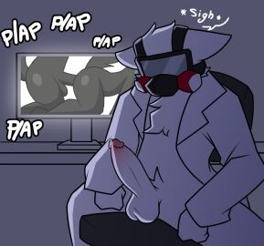 alliartist anthro balls big_balls big_penis bodily_fluids bottomless bottomless_anthro bottomless_male canid canine canis chair changed_(video_game) clothed clothing coat computer_monitor dark_latex dr.k_(changed) dripping erection furniture gas_mask genital_fluids genitals goo_creature humanoid_genitalia humanoid_penis jacket labcoat lin_(changed) looking_at_porn looking_at_viewer male male/male mammal mask masturbation office_chair on_chair open_clothing open_jacket open_topwear penis plap_(sound) pornography precum precum_drip puro_(changed) sitting sitting_on_chair topwear wolf