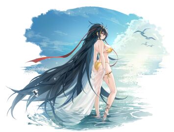 absurdly_long_hair ass azur_lane bikini bird black_hair blue_sky breasts cg cloud day female full_body hair_ribbon harbin_(azur_lane) harbin_(union_between_sea_and_sky)_(azur_lane) horns jewelry large_breasts long_hair looking_at_viewer looking_back ocean official_alternate_costume official_art outdoors red_ribbon sarong sideboob skindentation sky solo standing swimsuit very_long_hair wading water yellow_bikini yellow_eyes