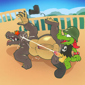 1:1 after_anal anus argon_vile armor balls bandana belly bodily_fluids boots bottomless bottomless_male bracelet brown_body brown_scales clothed clothing crocodilian cum cum_on_face cumshot cumshot_on_face donkey_kong_(series) duo ejaculation erection genital_fluids genitals green_body green_scales headgear helmet hi_res jewelry kerchief kip kip_(donkey_kong) klump kremling male male/male nintendo orgasm overweight penis reptile scales scalie size_difference small_dom_big_sub torn_clothing