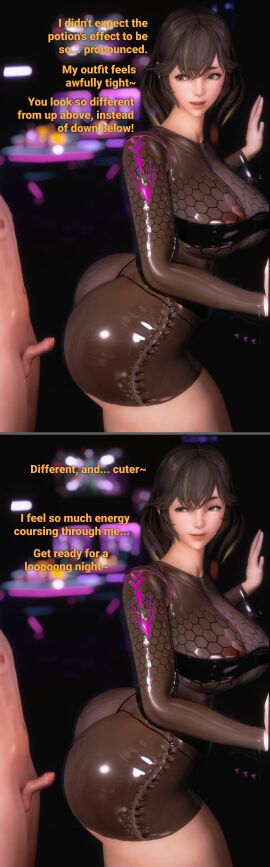1boy 1girls breasts dialogue final_fantasy_xiv growth_potion imminent_sex large_ass large_breasts larger_female looking_back mini_giantess narrowed_eyes penis queen_sphene small_penis small_penis_adoration text unseen_male_face