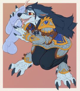 anthro armor blizzard_entertainment bodily_fluids canid canine canis claws diagamon female furry hair long_hair mammal mythological_canine mythological_creature mythology scalemail sitting smile solo tongue warcraft were werecanid werecanine werewolf wolf worgen world_of_warcraft